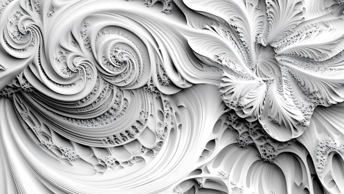 Monochrome fractal relief forms spiral cavities and folded ridges