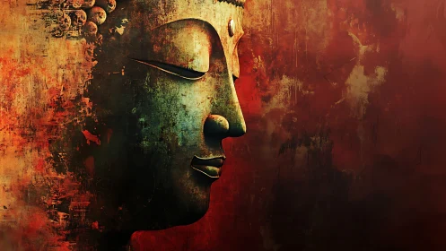 Gentle Buddha profile glows calmly against warm textured reds