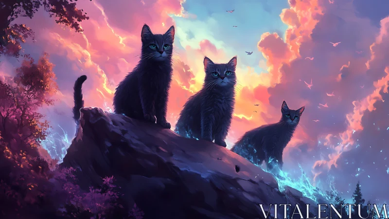 Three Black Cats Stand Silhouetted Against Mystical Storm Skies