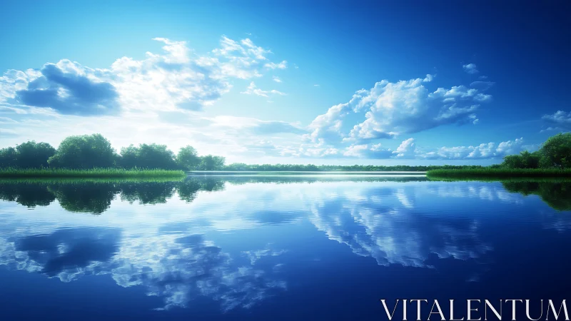 Calm blue lake reflects bright sky and drifting cumulus clouds