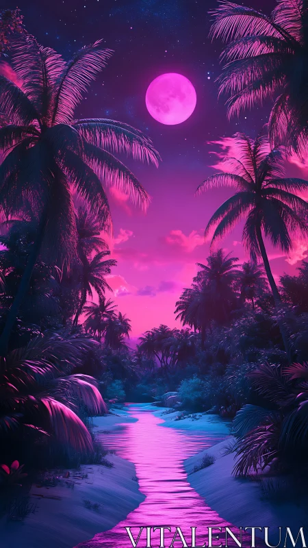 Neon moonlit tropical river renders vivid chromatic contrast