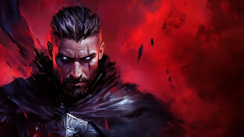 Male figure with glowing eyes is centered in red abstract field