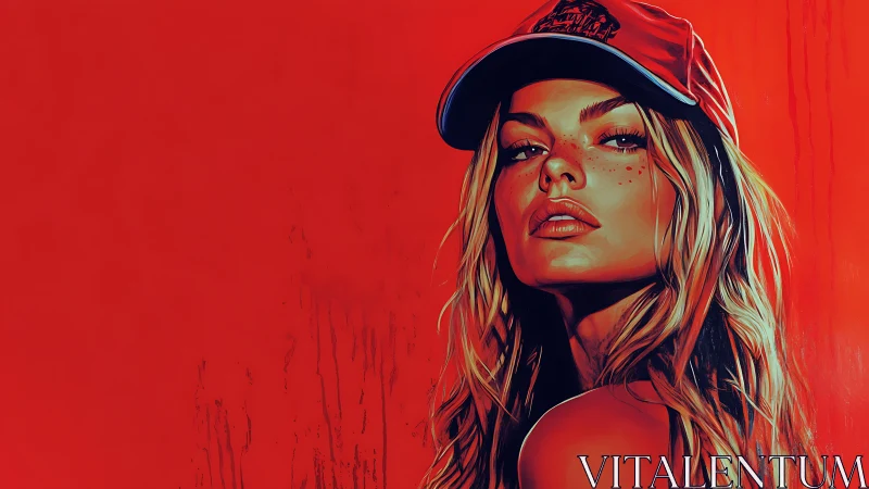 Confident woman in red cap against bold red backdrop.