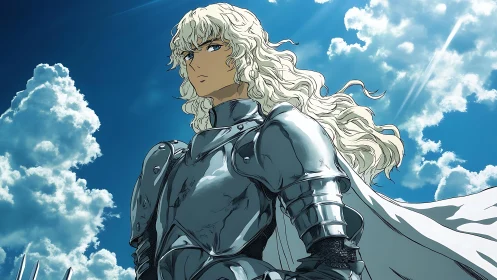 Sky-burnished knight with stormbright hair standing resolute.