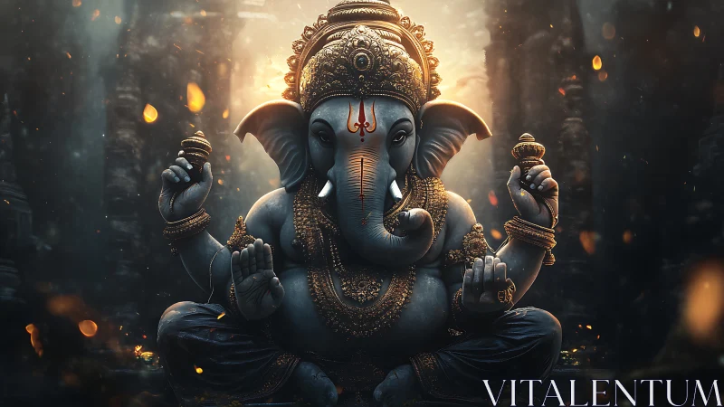 Lord Ganesha statue glows within ancient temple chamber