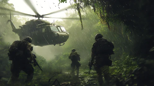 Rain-soaked squad and ghostly gunship in emerald jungle hush.