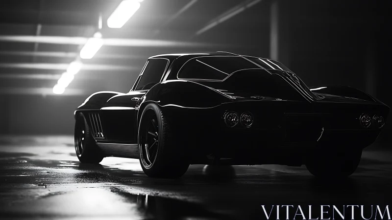Black classic sports car in dimly lit underground garage.