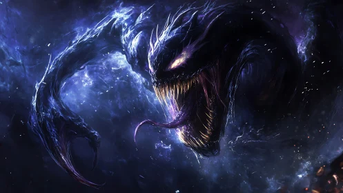 Cosmic void serpent with luminescent fanged maws in nebula