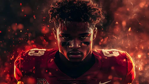 Focused football player glowing in fiery game-day light.