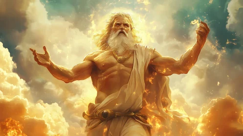 Digital painting of Zeus amid radiant stormlit clouds.