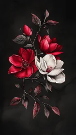 Red and White Magnolia Flowers Against Dark Background.