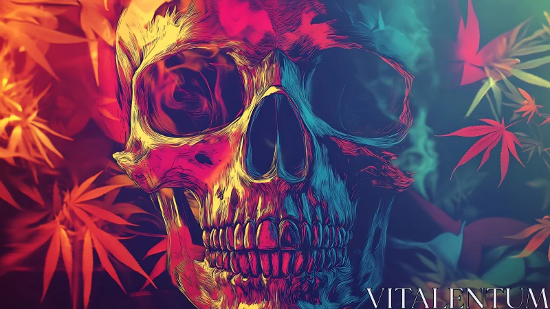 Neon skull wrapped in trippy foliage and glowing colors.