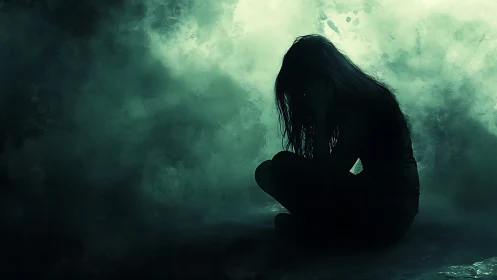 Silhouetted girl in misty darkness embodying emotional isolation.