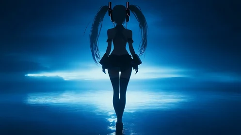 Silhouetted twin‑tailed girl overlooking luminous blue sea.