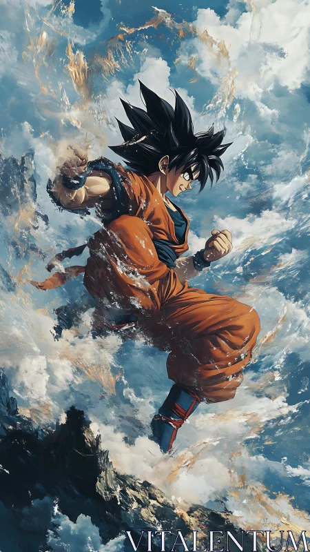 Dynamic anime fighter executes aerial leap amid turbulent clouds