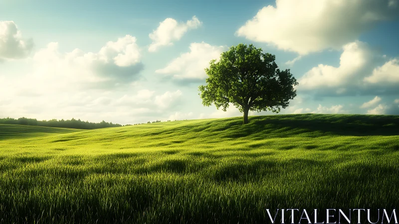 Solitary green tree on sunlit grassy hill under clouds.