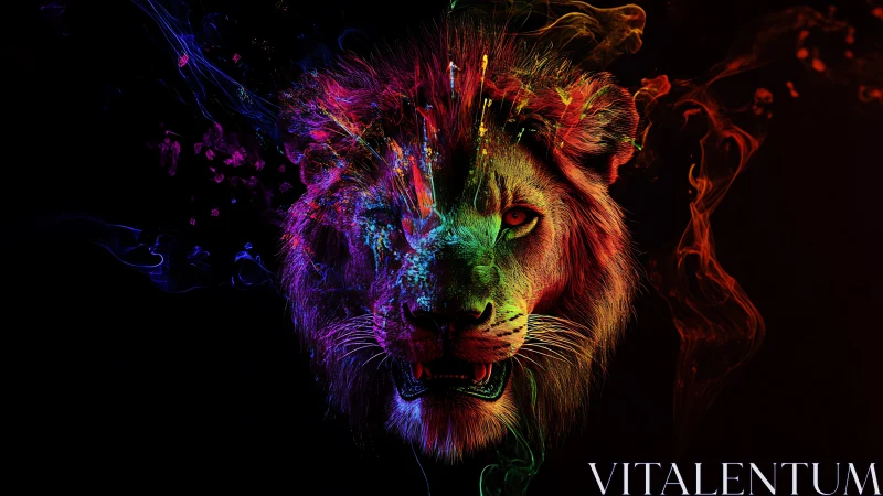 Neon spectral lion head in high-contrast digital painting.