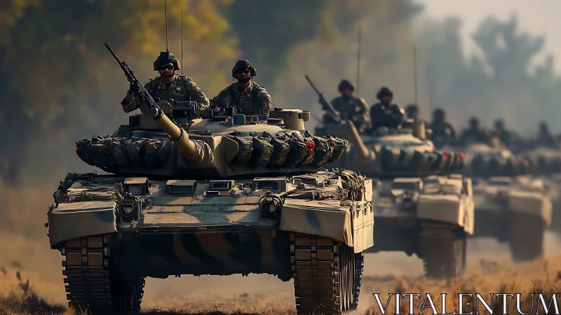 Main battle tanks advance in formation along dusty terrain