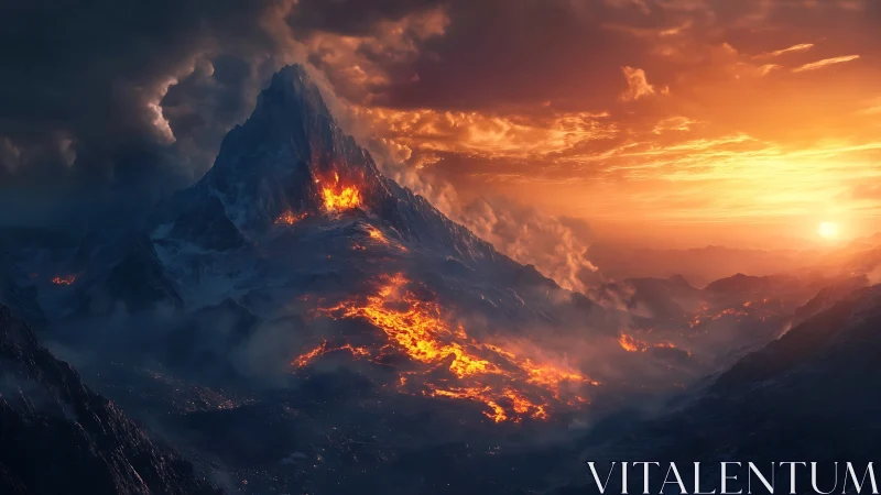Volcanic mountain ridge glows with lava at sunset light