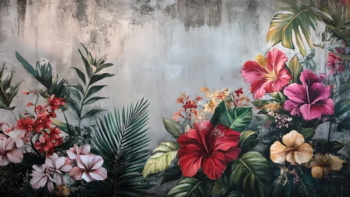 Lush hibiscus garden mural on weathered grey wall background.