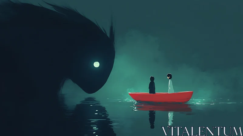 Children in red boat face looming glowing eyed shadow.