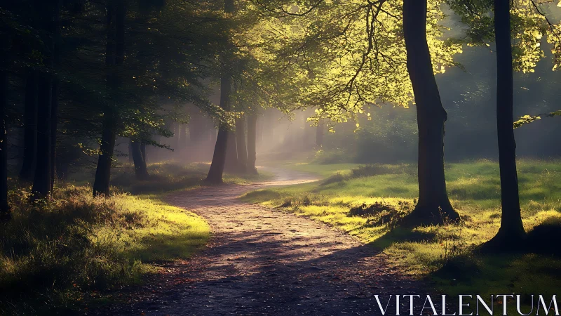 Golden Hour Forest Pathway Through Deciduous Woodland.