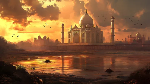 Golden sunset over marble mausoleum beside calm river.