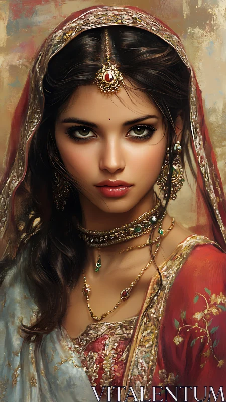 Regal portrait of jeweled woman in ornate sari finery.