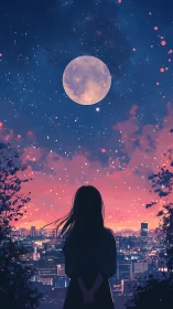 Moonlit dreamer measures city lights against quiet skies
