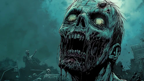 Decaying zombie head in close-up against teal sky.