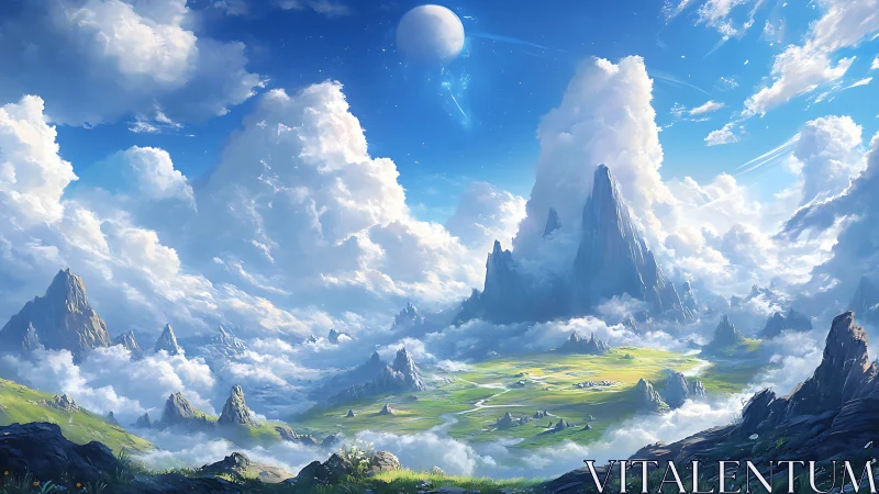 Celestial mountain realm with luminous clouds and twin moon.