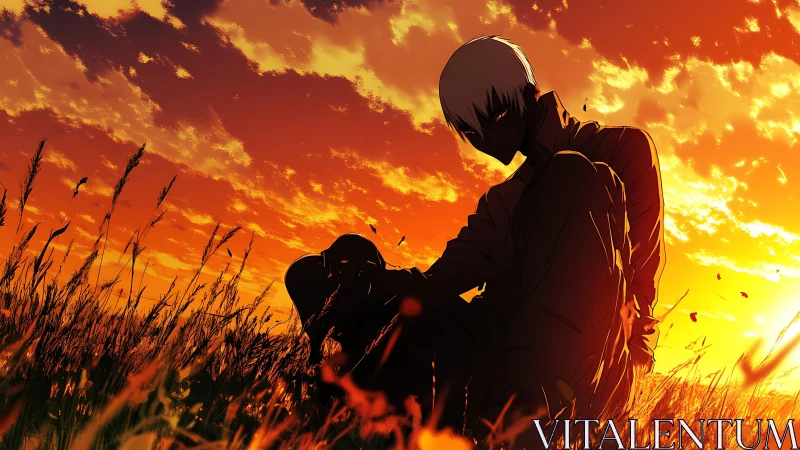Anime sunset silhouette with atmospheric field composition.