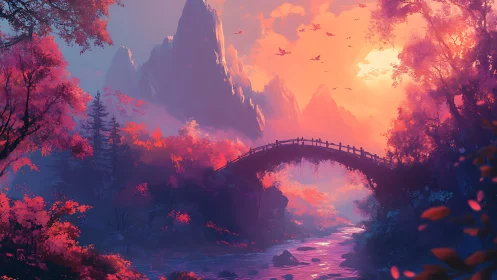 Sunset bridge over vivid forest river beneath sharp peaks.