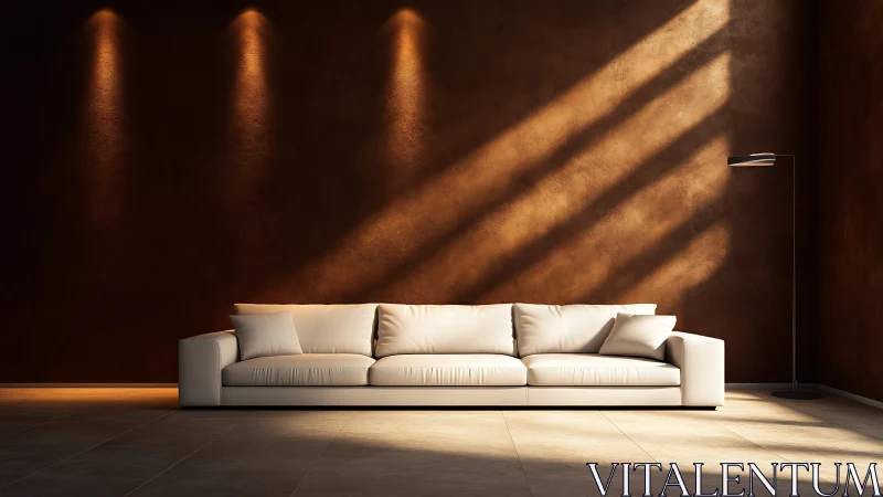 Minimalist living room with long white sofa and light.