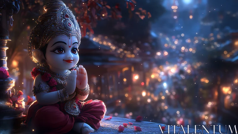 Divine child deity idol in luminous festive bokeh ambiance.