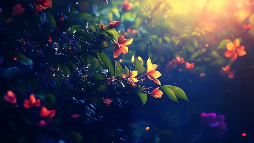 High-contrast botanical subject with warm-toned floral elements and volumetric lighting