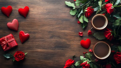 Romantic Tablescape Composition with Red Roses, Velvet Hearts, and Coffee on Wood