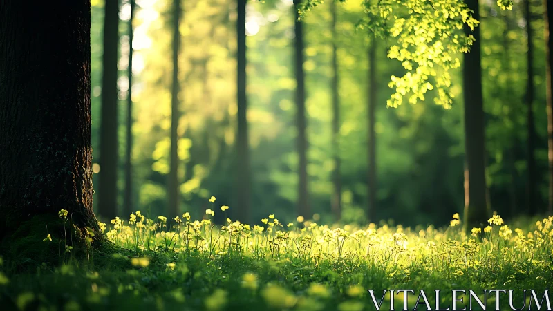 Sunlit forest with wildflowers in dreamy, atmospheric style.