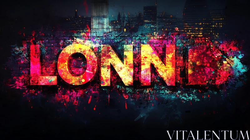 Neon graffiti London typography on urban night skyline wall.