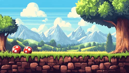 Pixel art landscape with mushrooms, mountains, trees