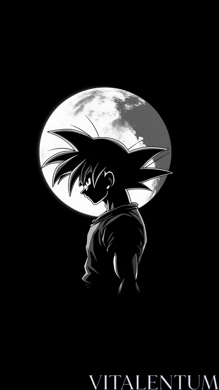 Silhouetted anime warrior stands against luminous full moon.