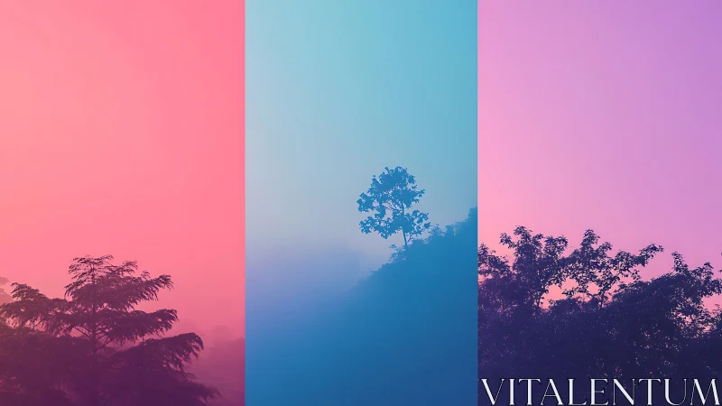Dreamy gradient forest panels capture tranquil pastel dawn