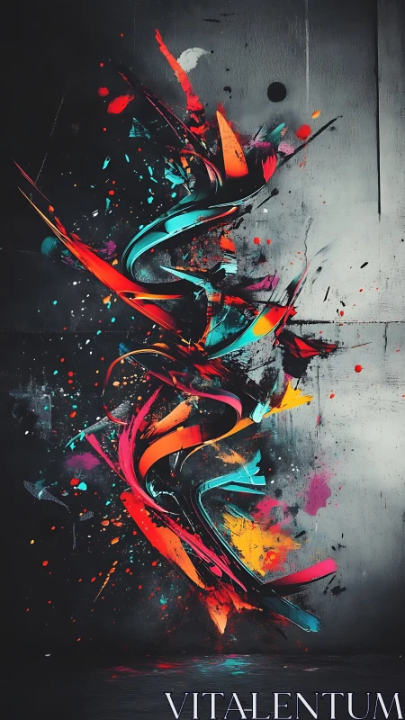 Explosive neon ribbons twist across a dark concrete wall.