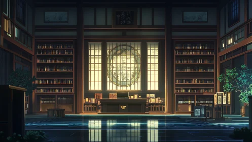 Lantern-lit study hall where quiet shelves cradle secrets.