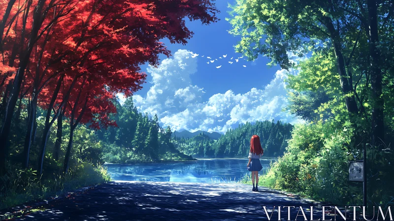 Atmospheric anime lakeside corridor with red maple canopy contrast.