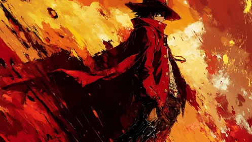 Pyrochromatic anime gunslinger amid turbulent paintstorm.