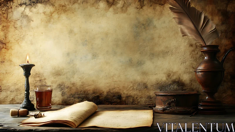 Antique writing desk with candle, quill, parchment and rustic patina