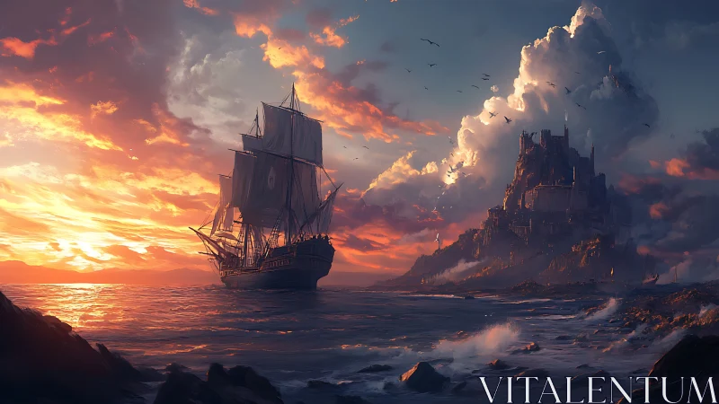Tall sailing ship approaches fortified coastal city at sunset