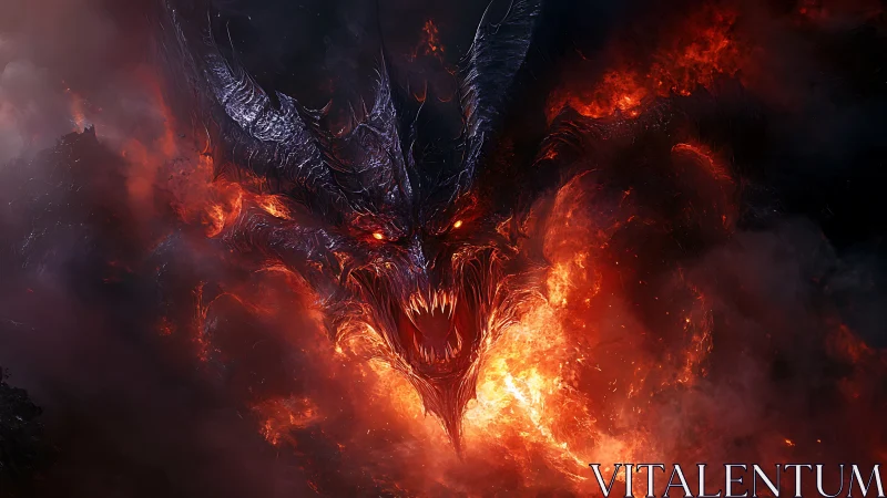 Infernal dragon entity emerging through eruptive firestorm.