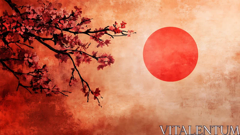 Digital painting of sakura branch and rising sun composition.